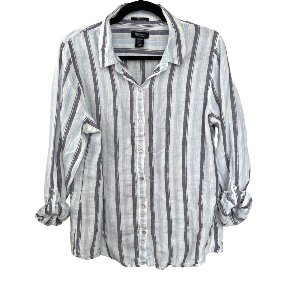 JONES NEW YORK Linen Striped Button Front Blouse White Blue XL - Picture 2 of 11
